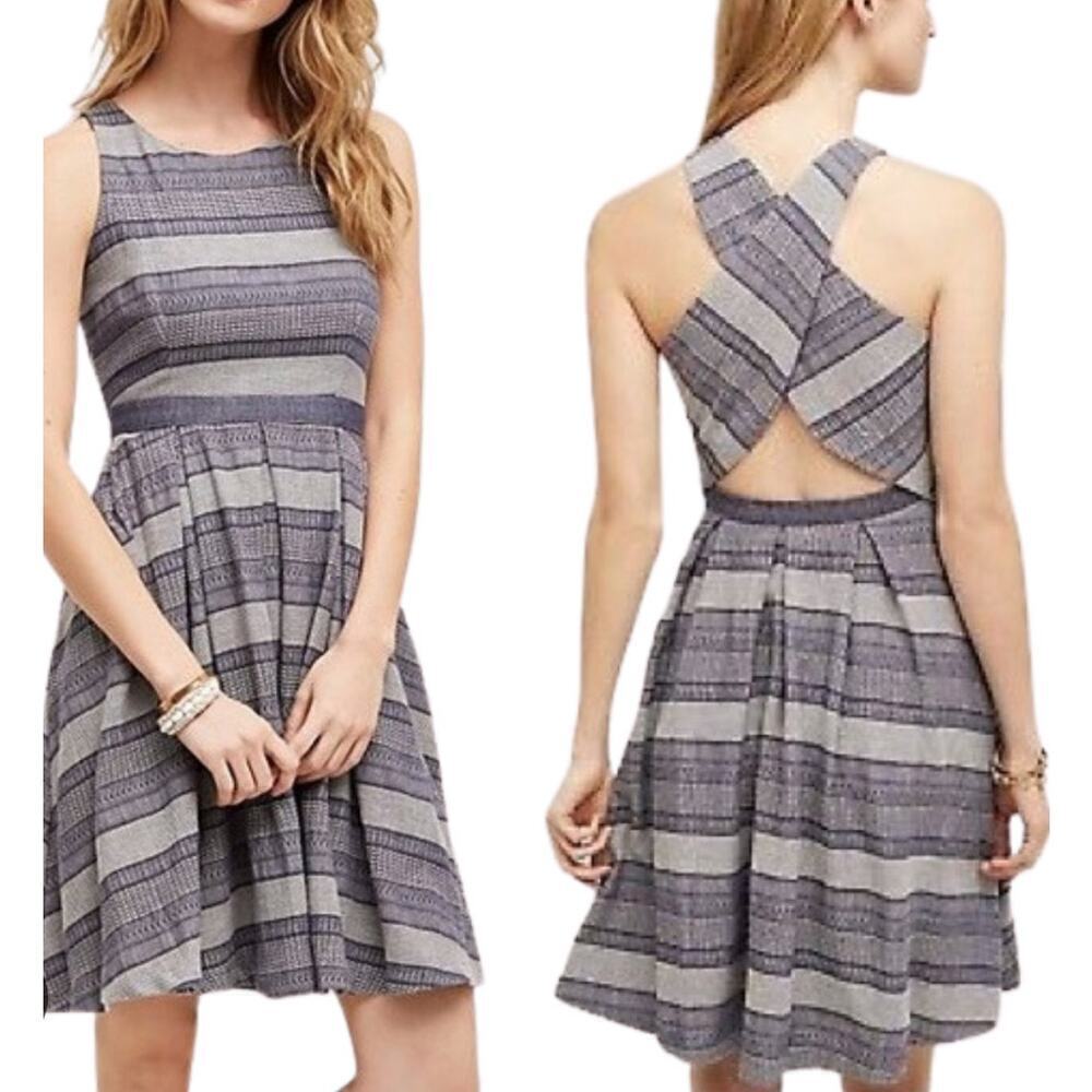 Eva Franco Nassau Dress Women’s Size 2 Blue Striped Fit & Flare Cross-Strap Back